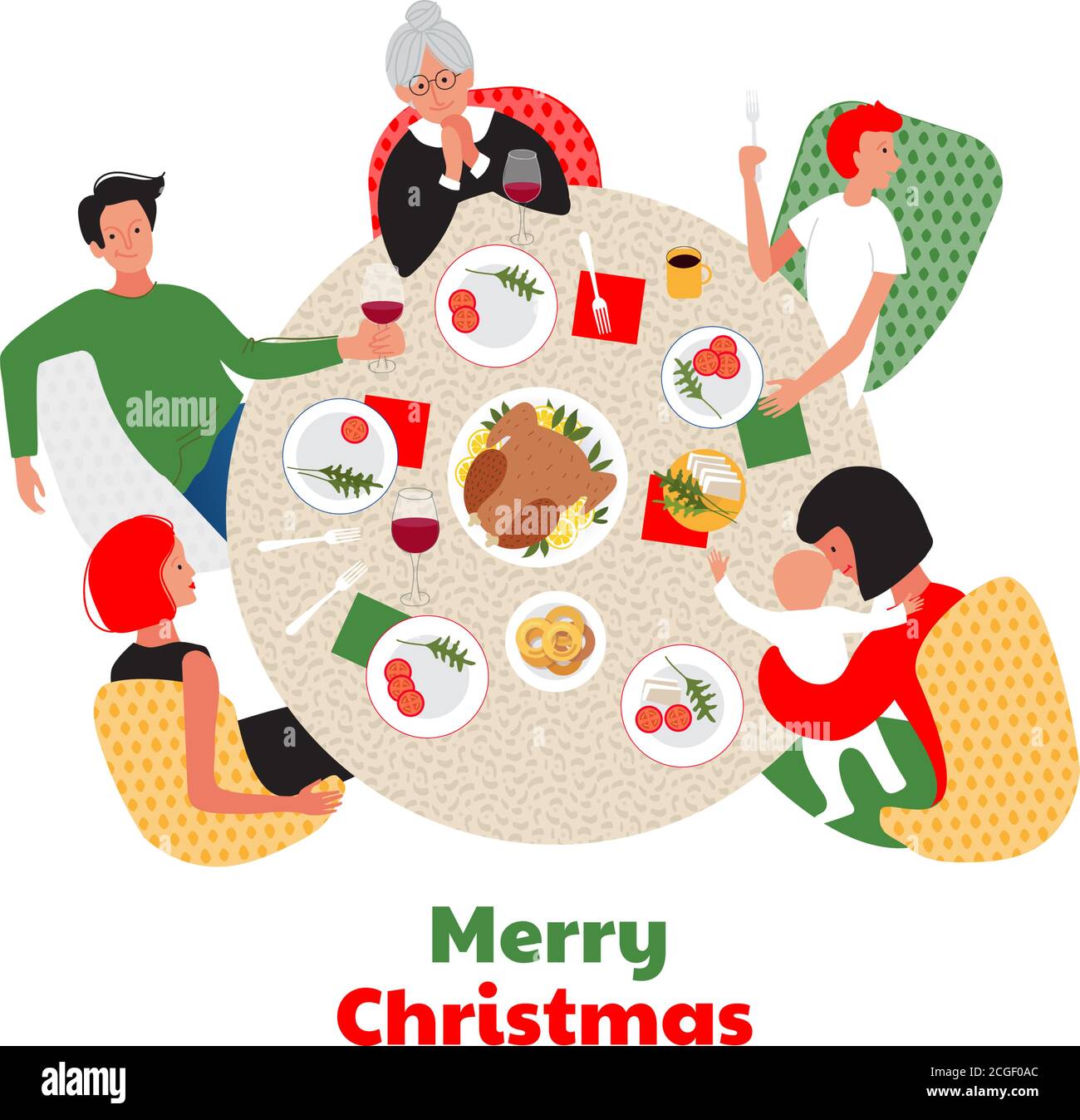 Christmas or New Year dinner. Family around the the table.  Stock Vector