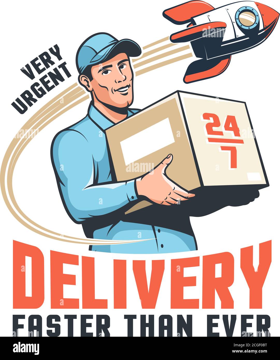 Delivery service retro logo with courier holding parcel and rocket Stock Vector
