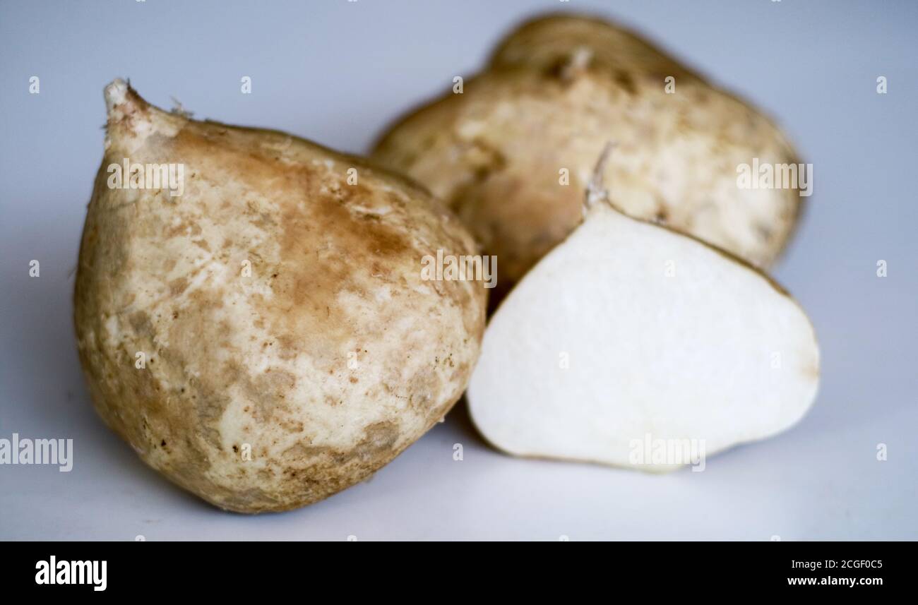 Jicama or Pachyrhizus erosus on white background. Stock Photo