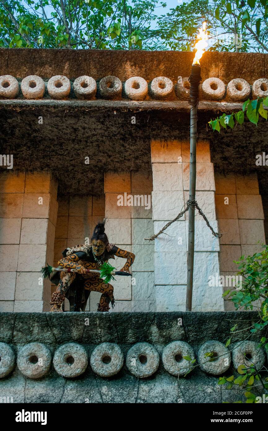 Mayan warriors at the entrance to the night show performed at the Xcaret Eco Theme Park on the Riviera Maya near Cancun in the state of Quintana Roo, Stock Photo