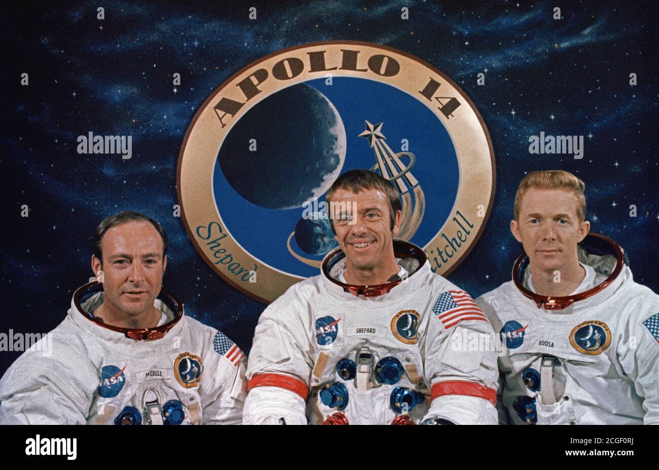 (December 1970) --- These three astronauts are the prime crew of the Apollo 14 lunar landing mission. Left to right, are Edgar D. Mitchell, lunar module pilot; Alan B. Shepard Jr., commander; and Stuart A. Roosa, command module pilot. The Apollo 14 emblem is in the background. Stock Photo