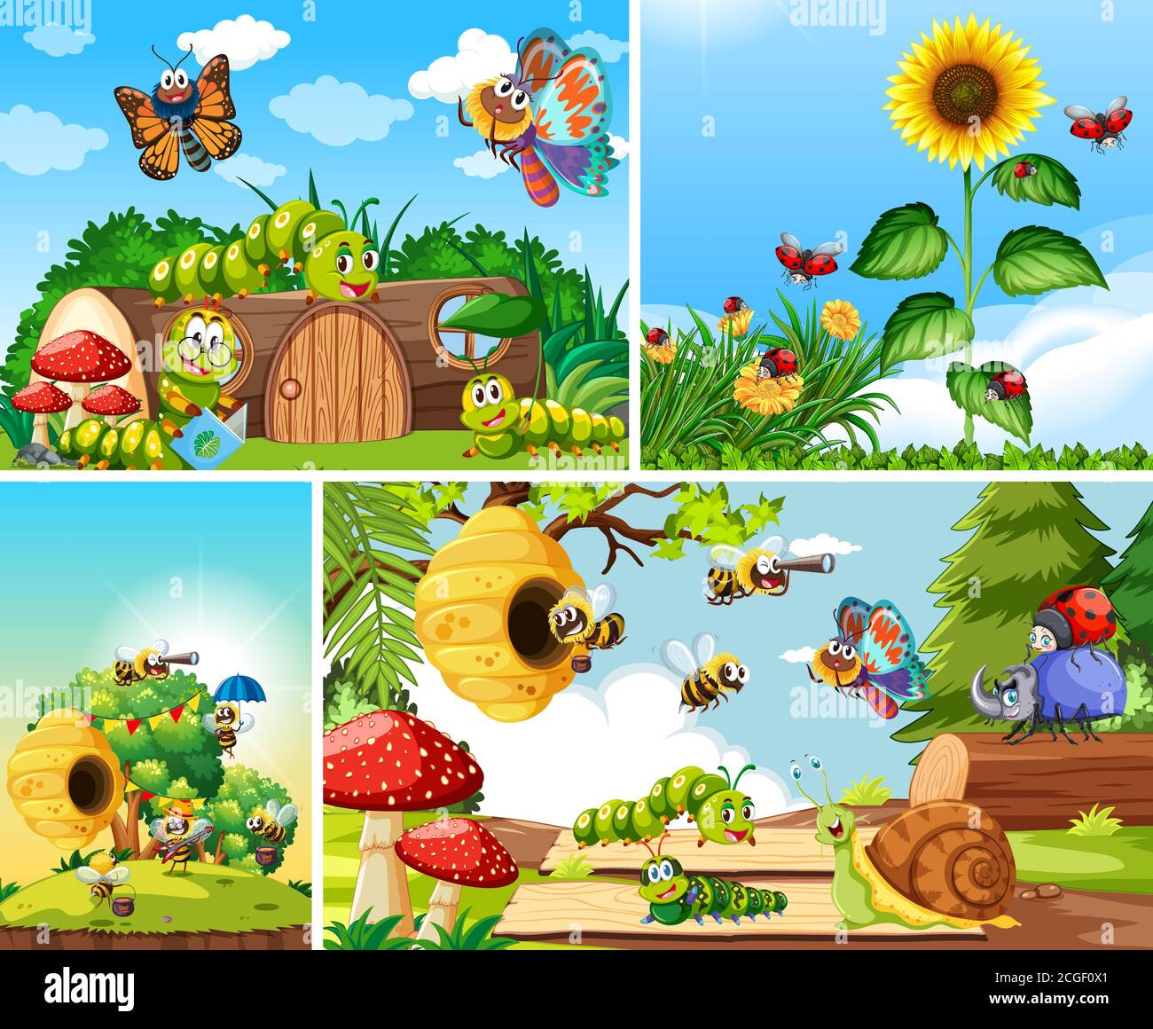 Set of different insects living in the garden background illustration ...