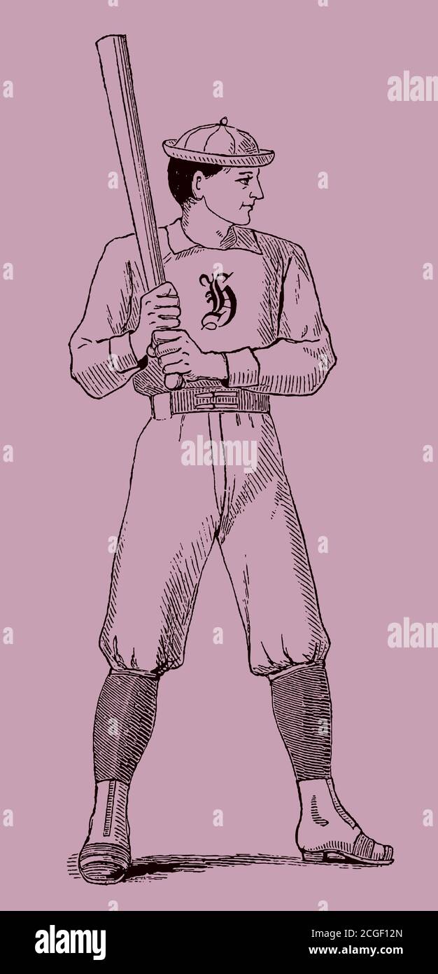 Vintage baseball player awaiting a pitch, isolated on a pale purple background, after an antique illustration from the 19th century Stock Vector