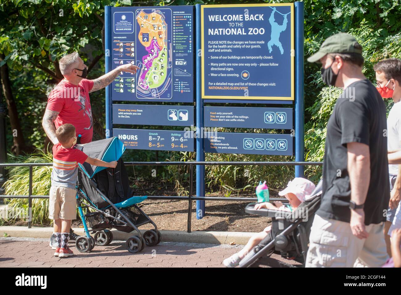 Masked visitors consult a zoo map at the National Zoo in Washington DC. Face coverings are required, along with a frree timed ticket, to visit in the Stock Photo