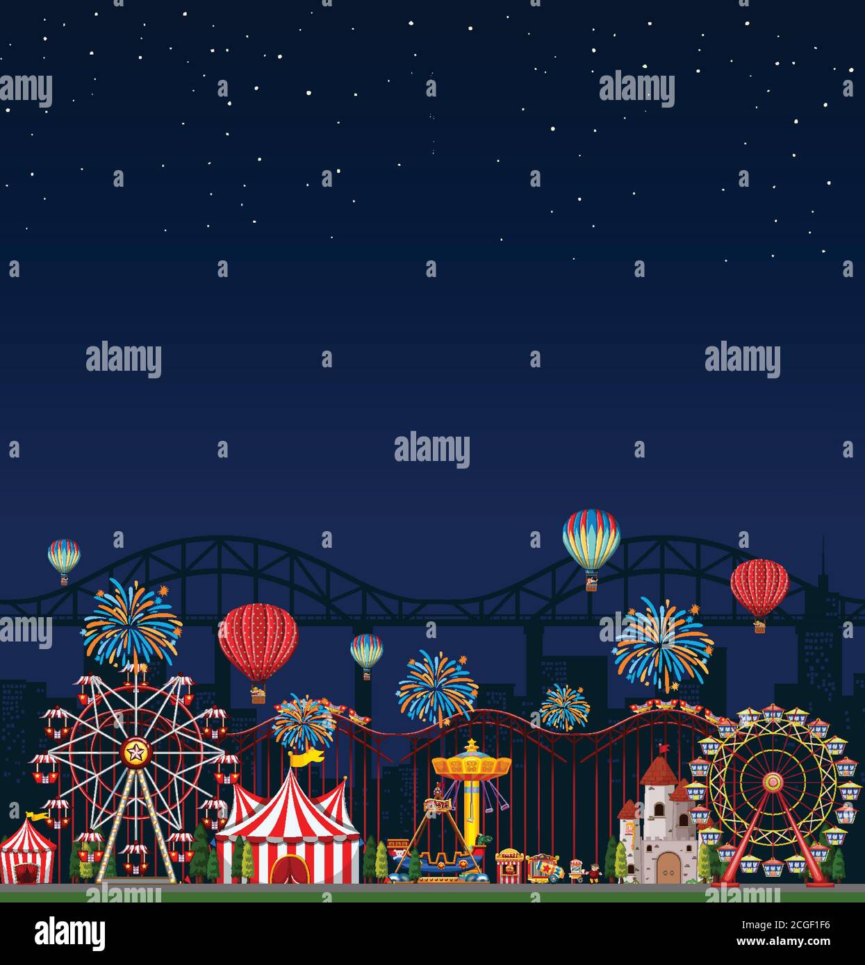 Amusement park scene at night with blank dark blue sky illustration ...