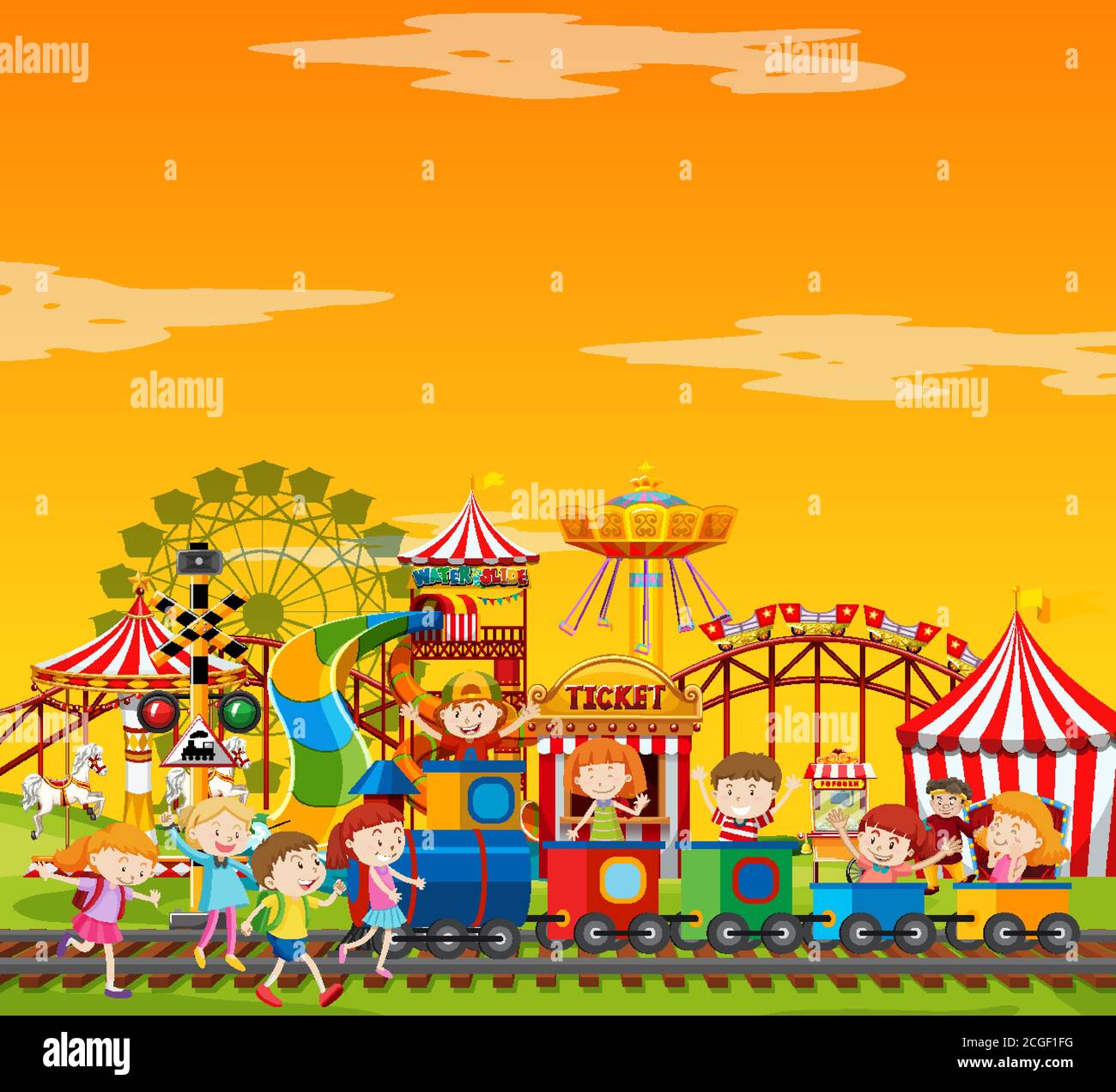 Amusement park scene at daytime with blank yellow sky illustration ...