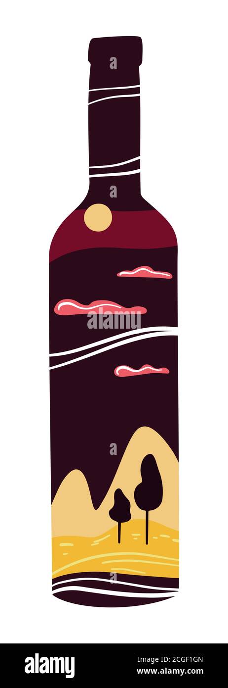 Vector illustration in trendy style poster with bottle of wine Stock Vector