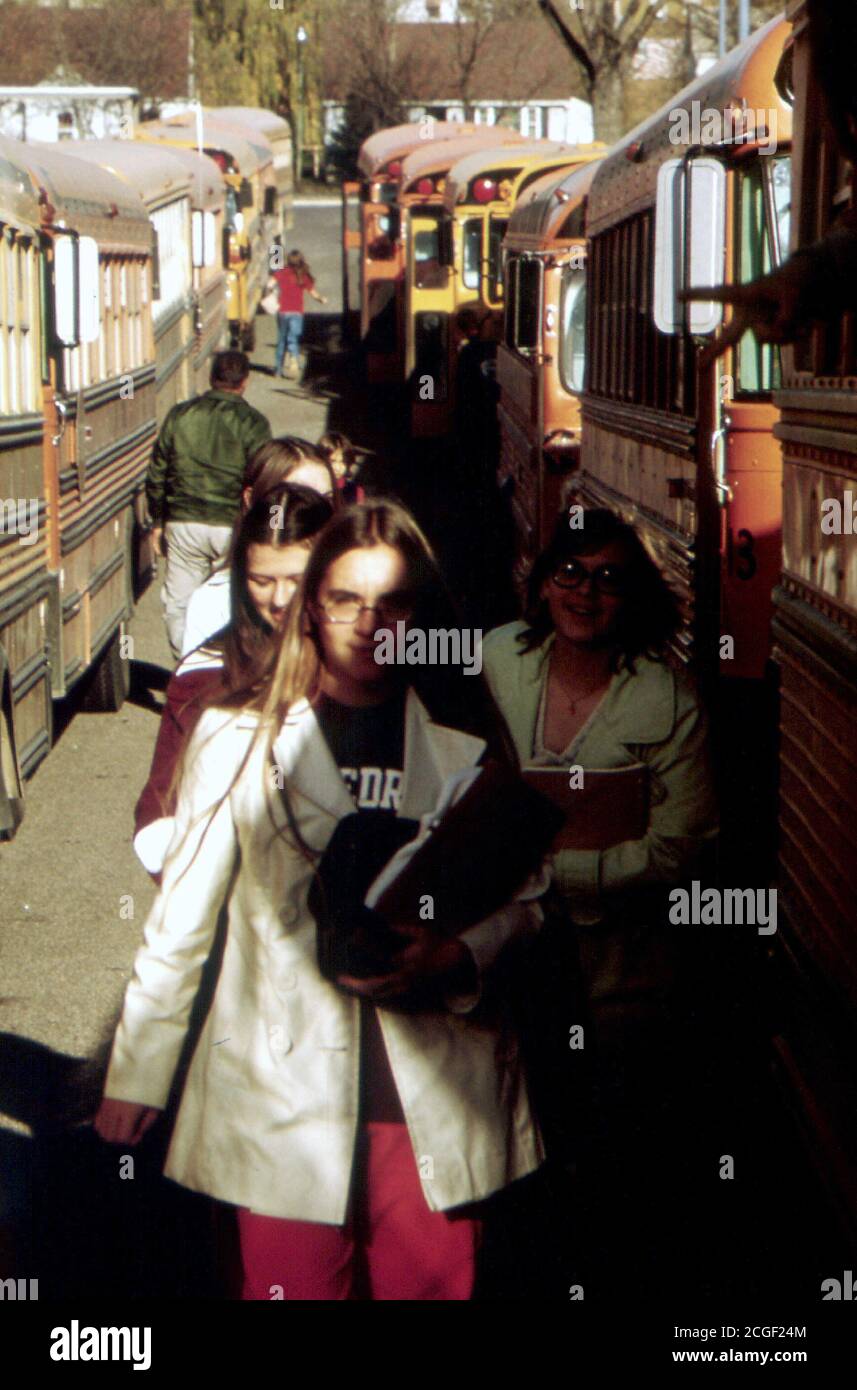 October 1974 - Students Have Just Arrived by Bus at Senior High School at New Ulm, Minnesota ..., 10/1974 Stock Photo