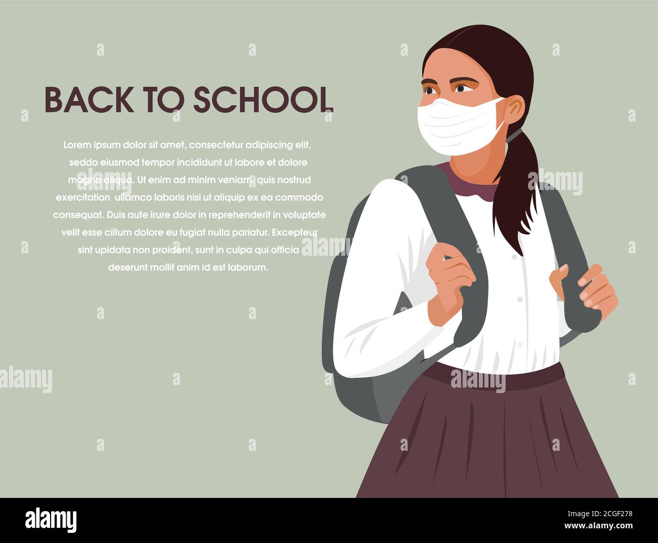 Back to school concept illustration schoolgirl with protective face mask.Coronavirus New normal for education. Schoolgirl go to school during COVID-19 Stock Vector