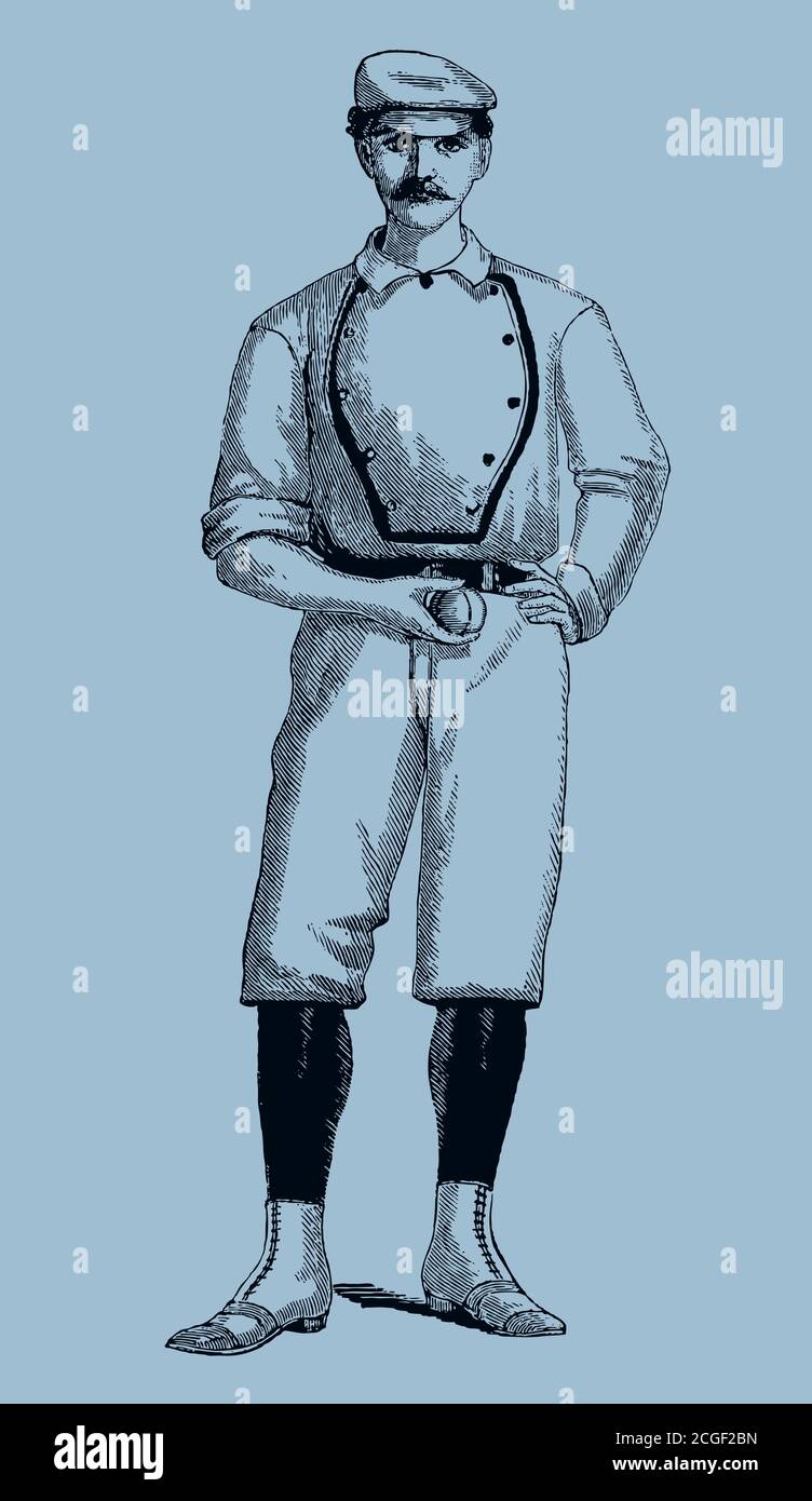 Vintage baseball player in frontal view holding a ball, isolated on a pale blue background, after an antique illustration from the 19th century Stock Vector