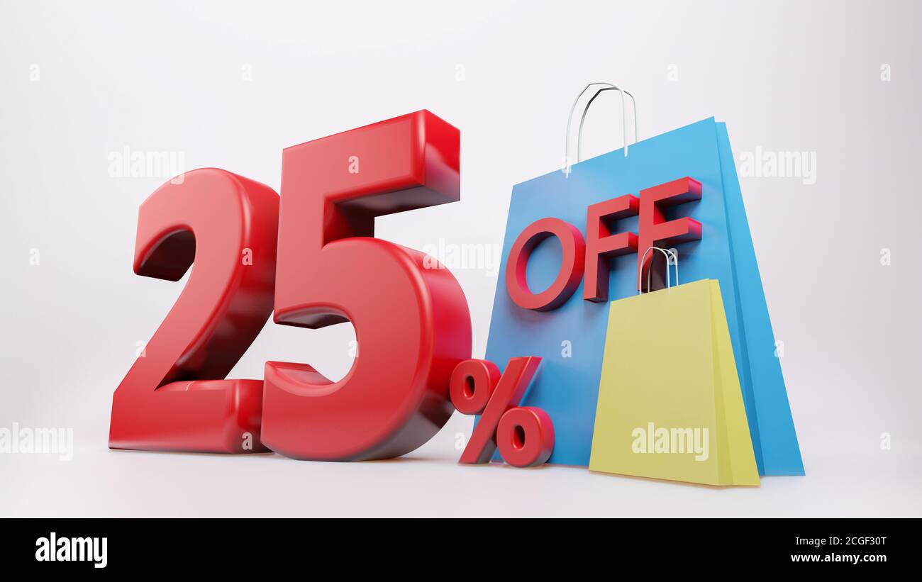 25% symbol with shopping bag , 3D render isolated background Stock ...