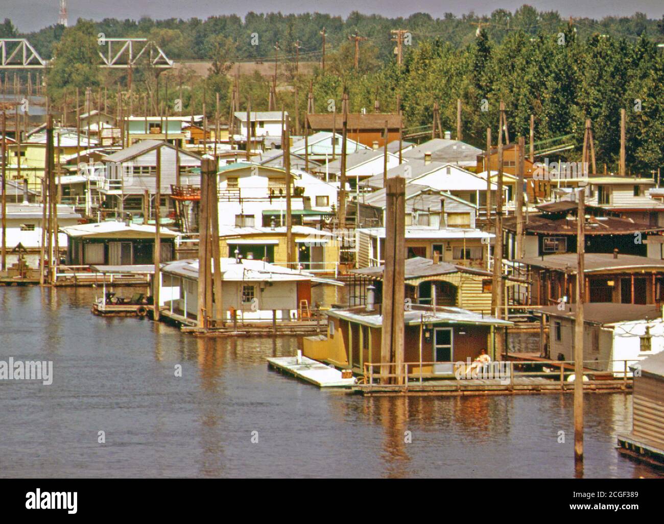 Houseboats on the Columbia River Slough near the Interstate 5 Freeway