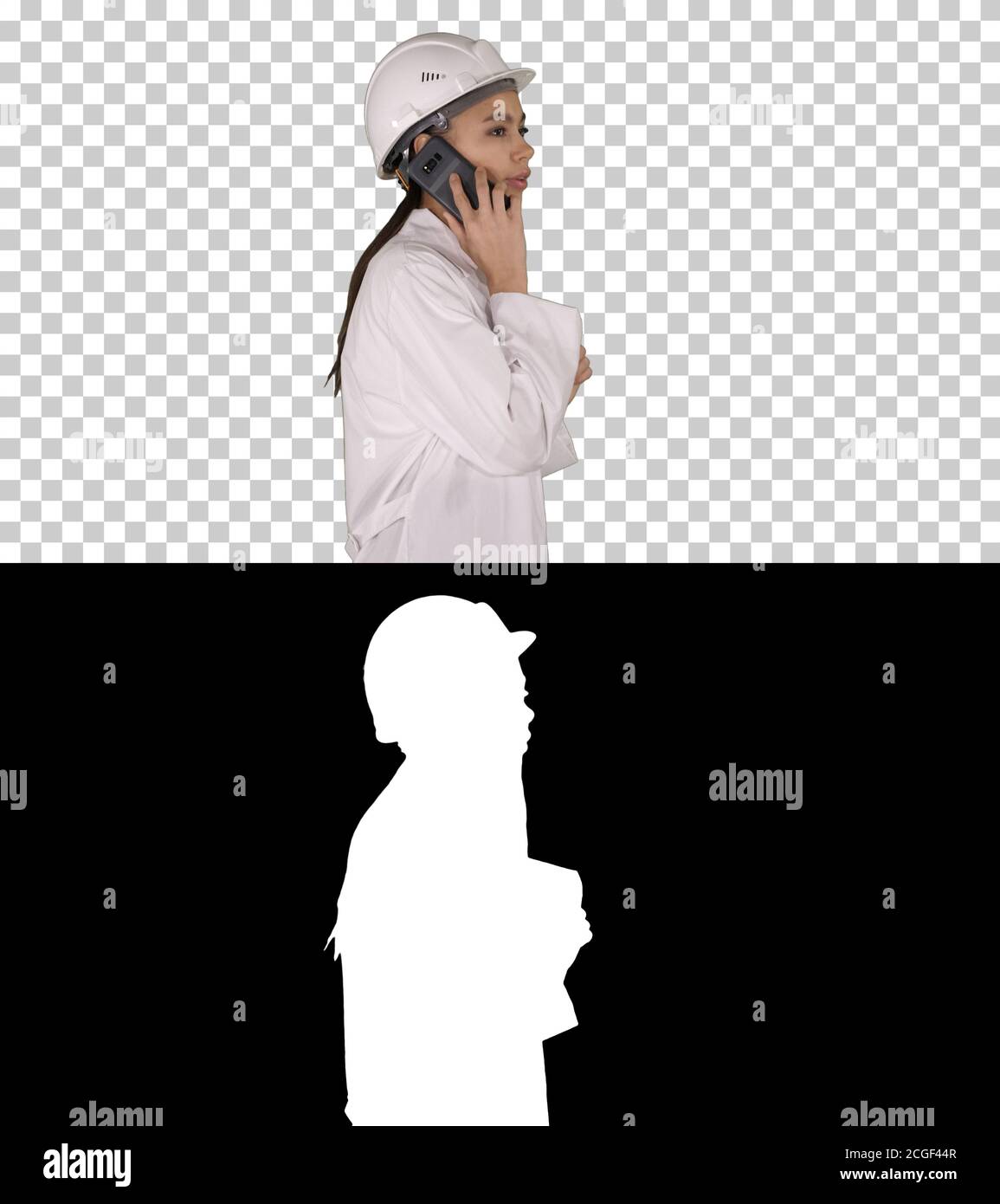 Female science engineer making a call while walking, Alpha Channel Stock Photo