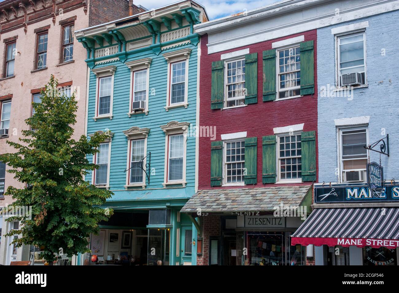 Detail of the houses on Warren Street in the town of Hudson on Hudson River in New York State, USA. Stock Photo