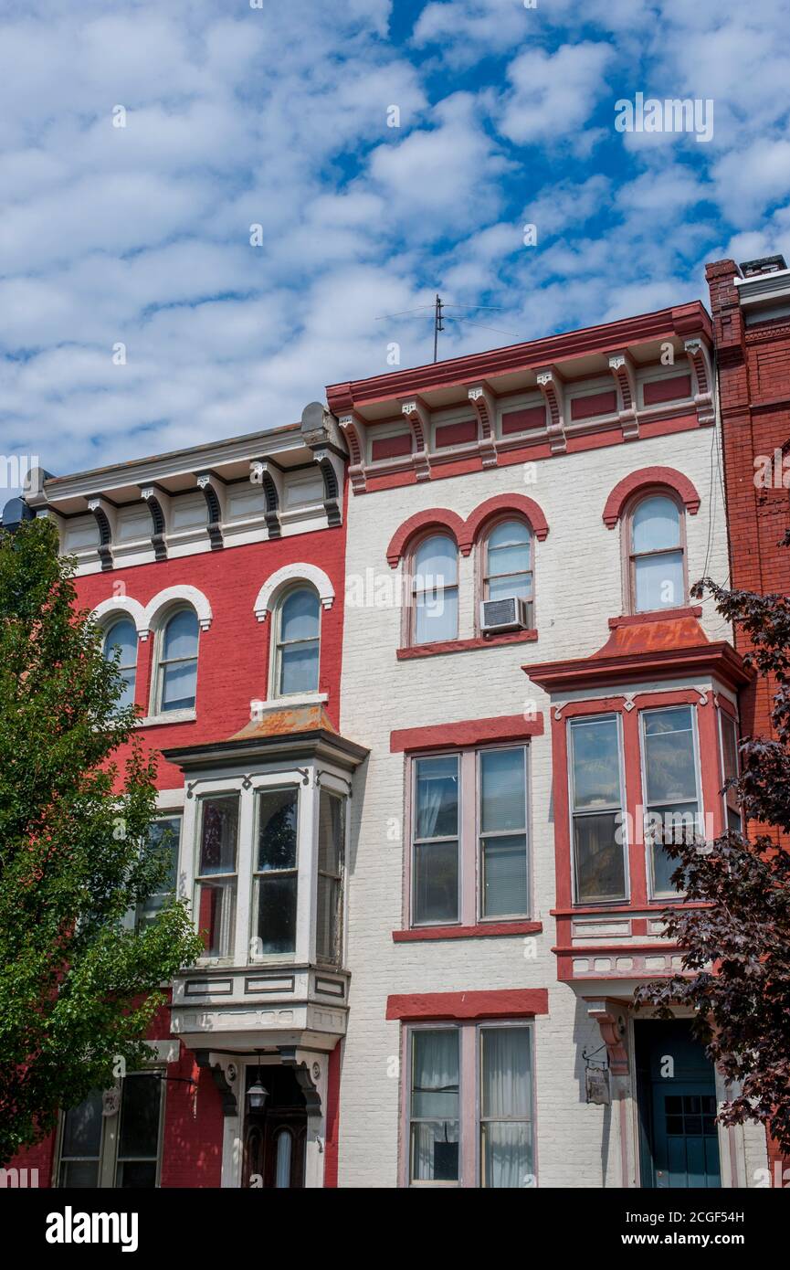 Detail of the houses on Warren Street in the town of Hudson on Hudson River in New York State, USA. Stock Photo