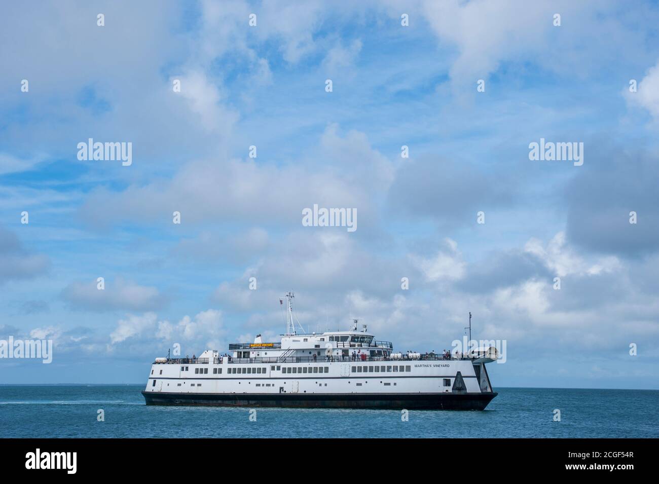 The ferry to Woods Hole is coming into the ferry terminal in Oak Bluffs