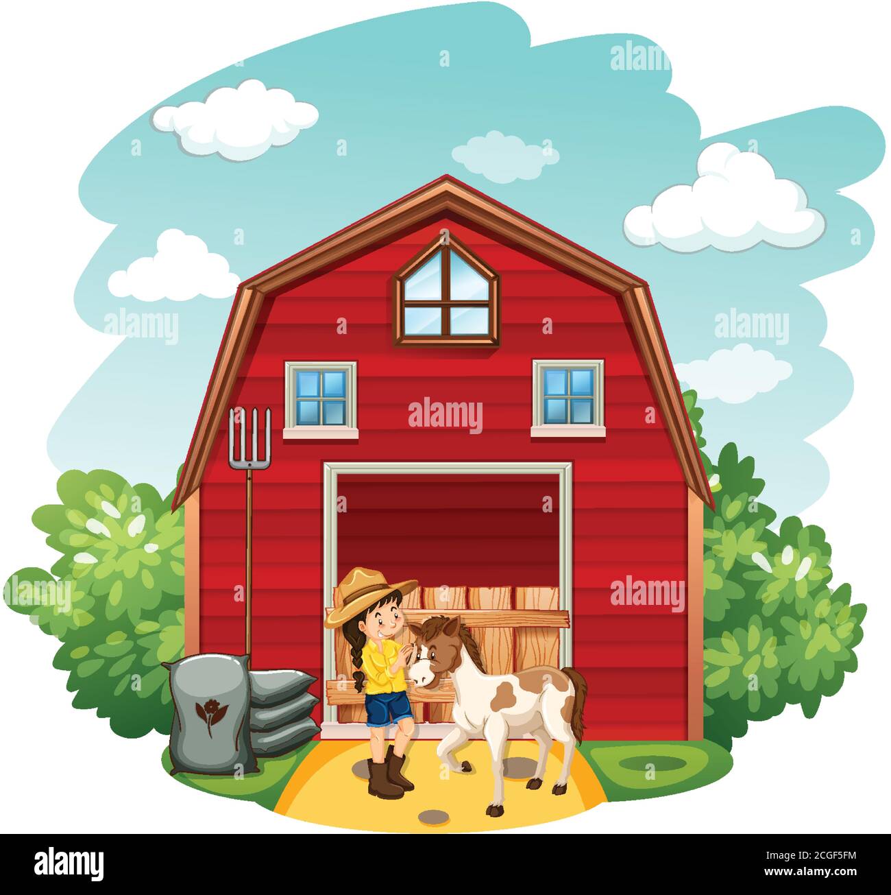 Farm scene with farmer and horse on the farm illustration Stock Vector ...