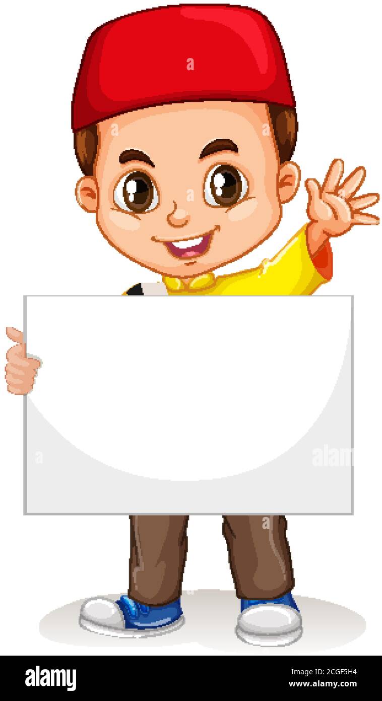 Cute young boy cartoon character holding blank banner illustration ...