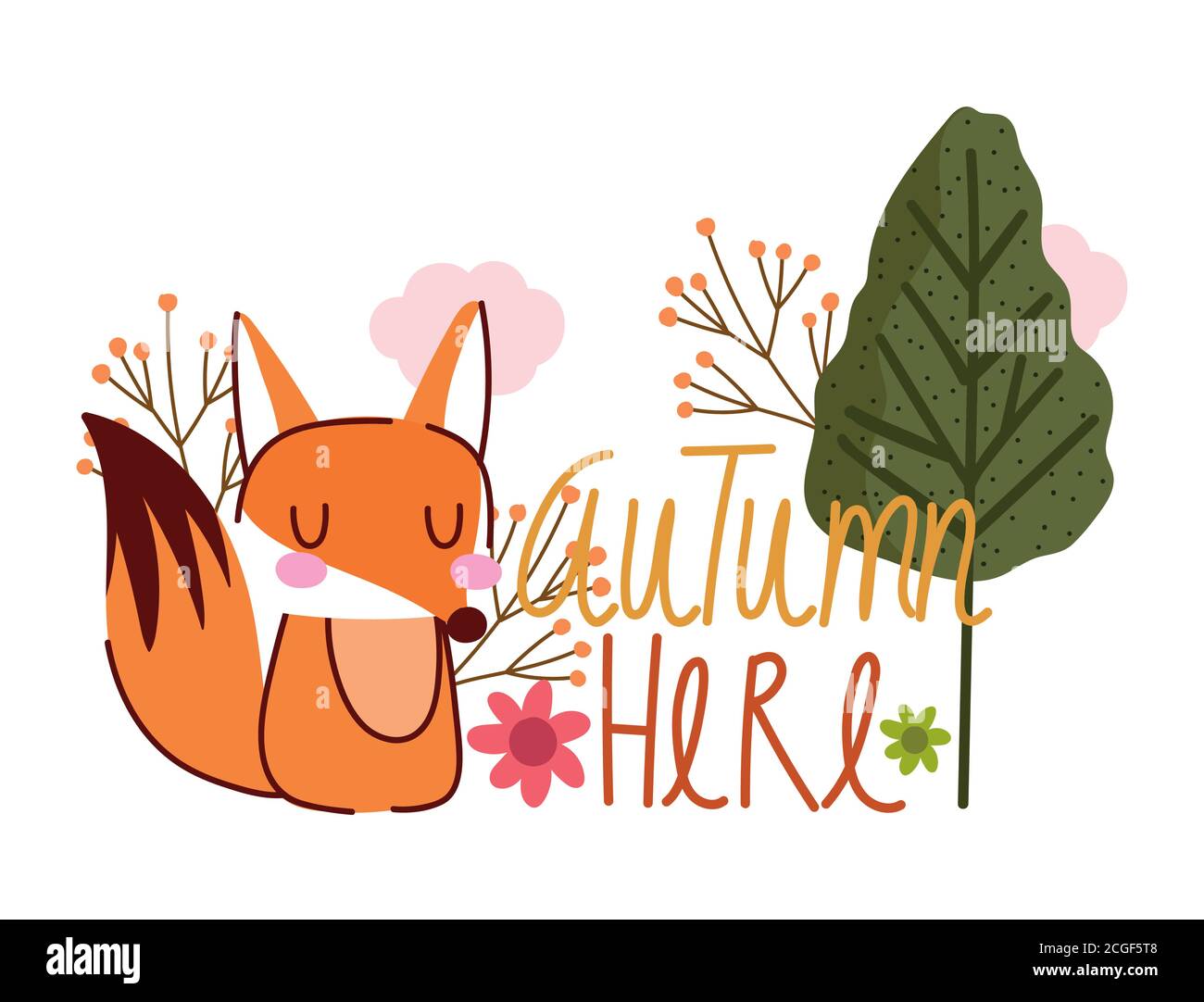 hello autumn, cute little fox tree flowers greeting card vector ...