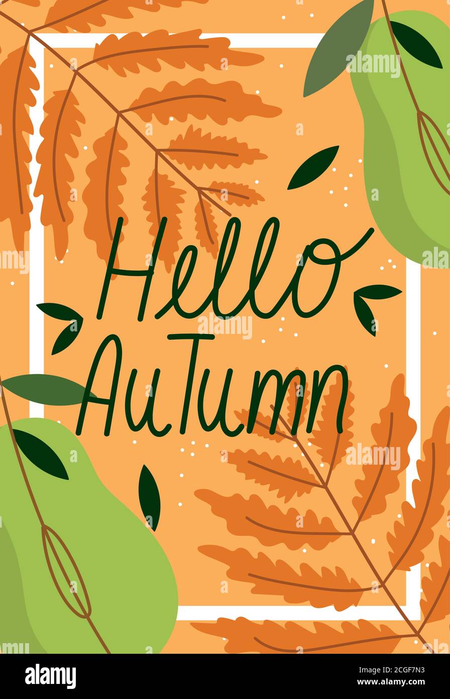hello autumn text and natural leaves background vector illustration ...