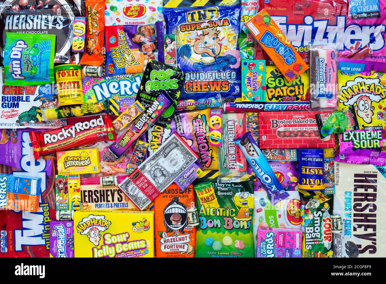 Colourful assorted childrens american sweets and candy Stock Photo
