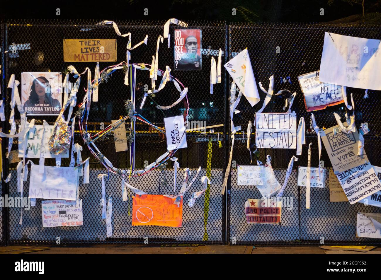 Protest signs on a fence protecting the White House at Lafayette Square, Washington, D.C. on July 3rd 2020. Stock Photo