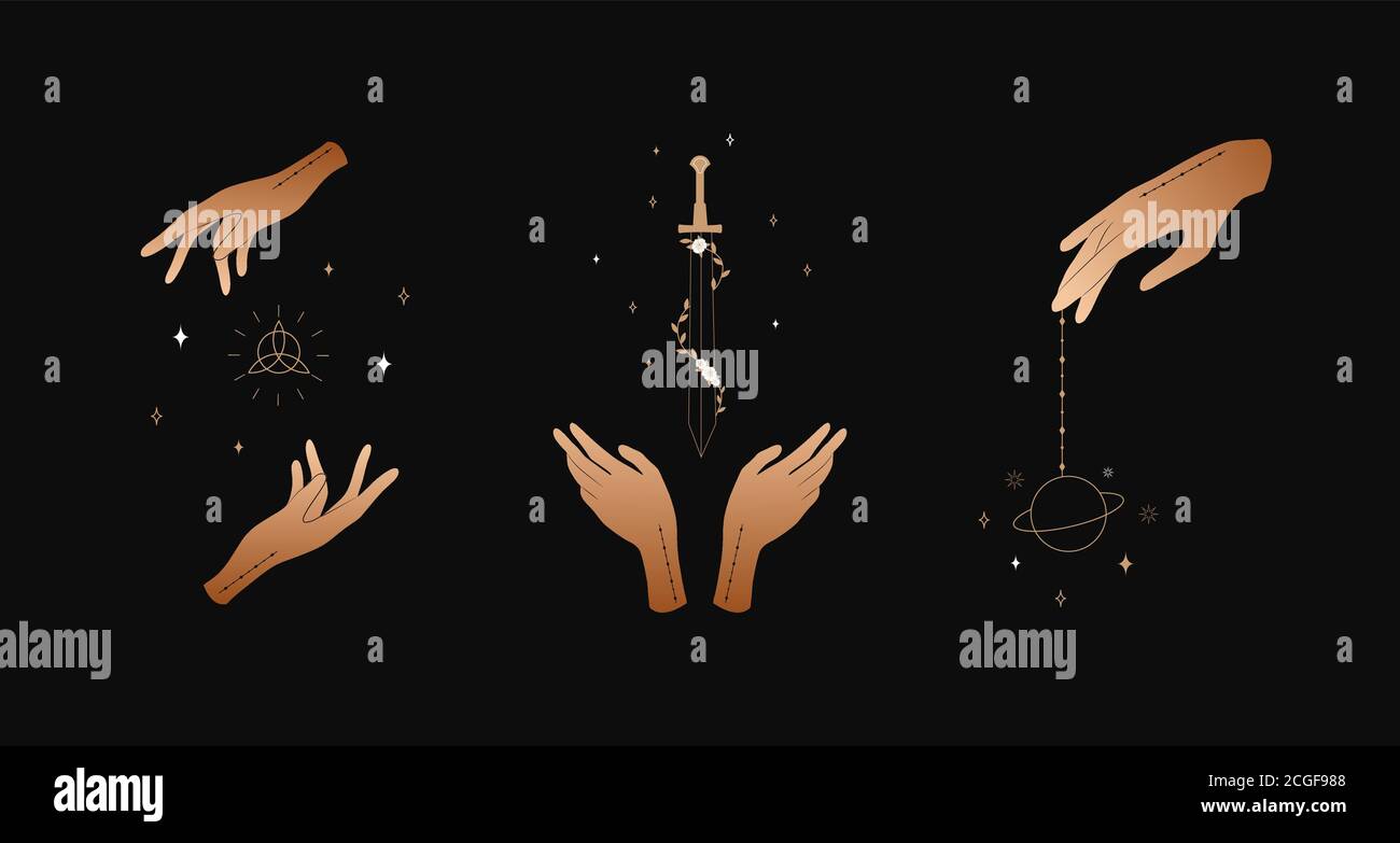 Set of female hands. Witch magic and occult collection. Different vector  hand gestures with sword, stars and crystal. Abstract logo for tarot cards  Stock Vector Image & Art - Alamy