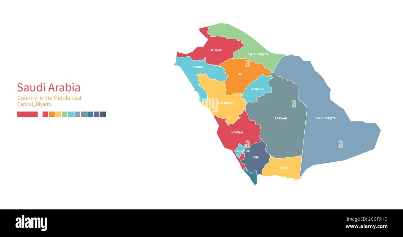 Saudi Arabia map. Colorful detailed vector map of the Middle East country. Stock Vector