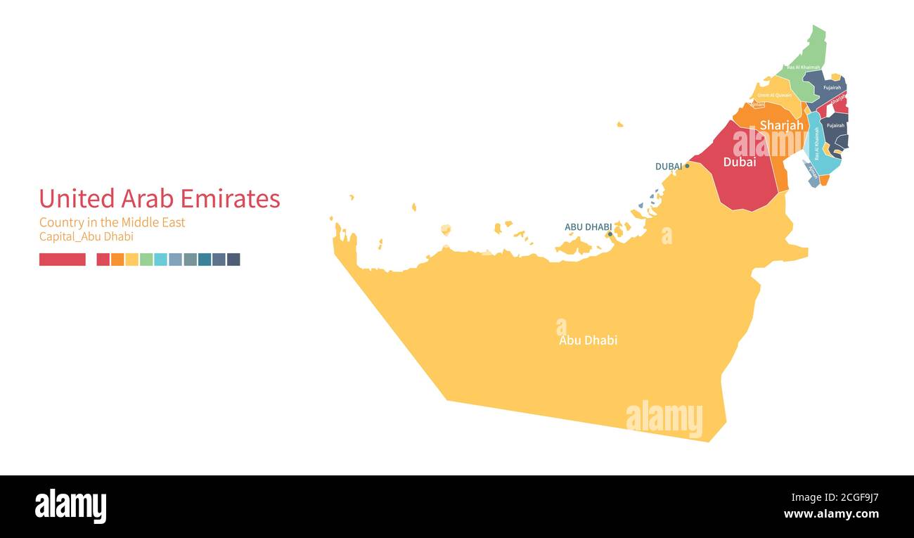 UIAE map. Colorful detailed vector map of the Middle East country Stock ...
