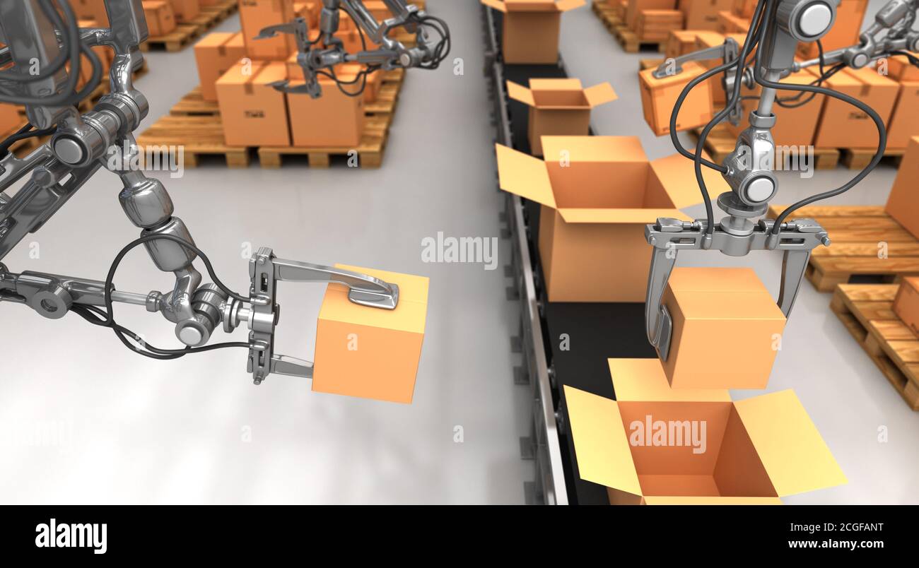 Carton Package in Warehouse. 3D Rendering. Stock Photo