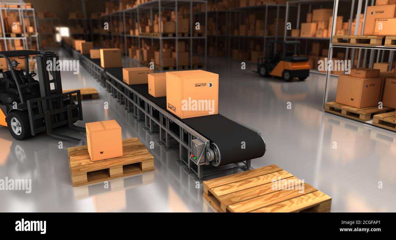 Carton Package in Warehouse. 3D Rendering. Stock Photo