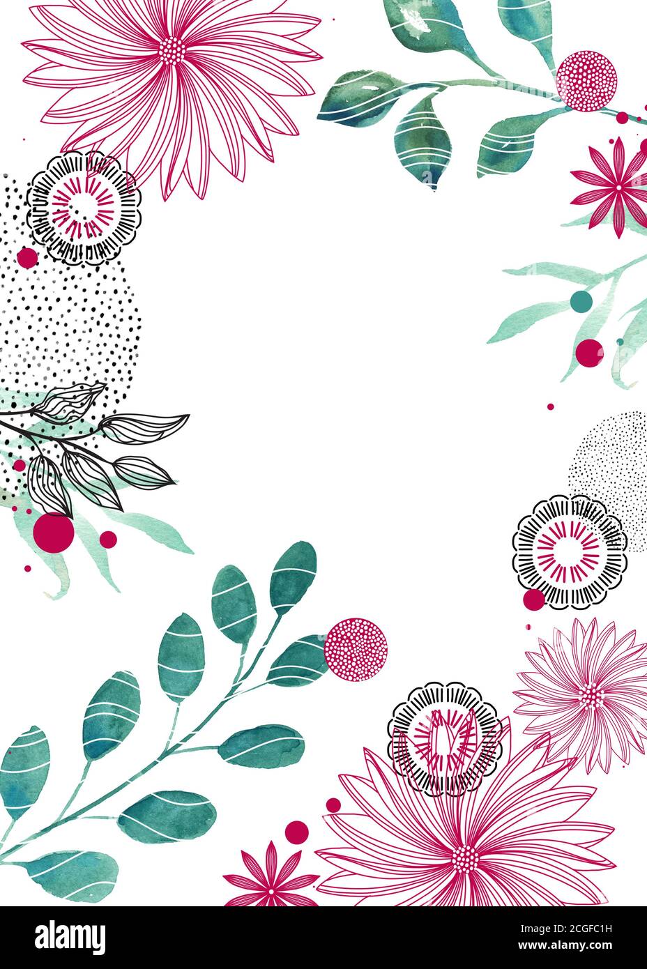 Abstract flowers and watercolor leaves on white background in floral border  pattern, pretty wedding invitation or flower stationery paper design in pi  Stock Photo - Alamy