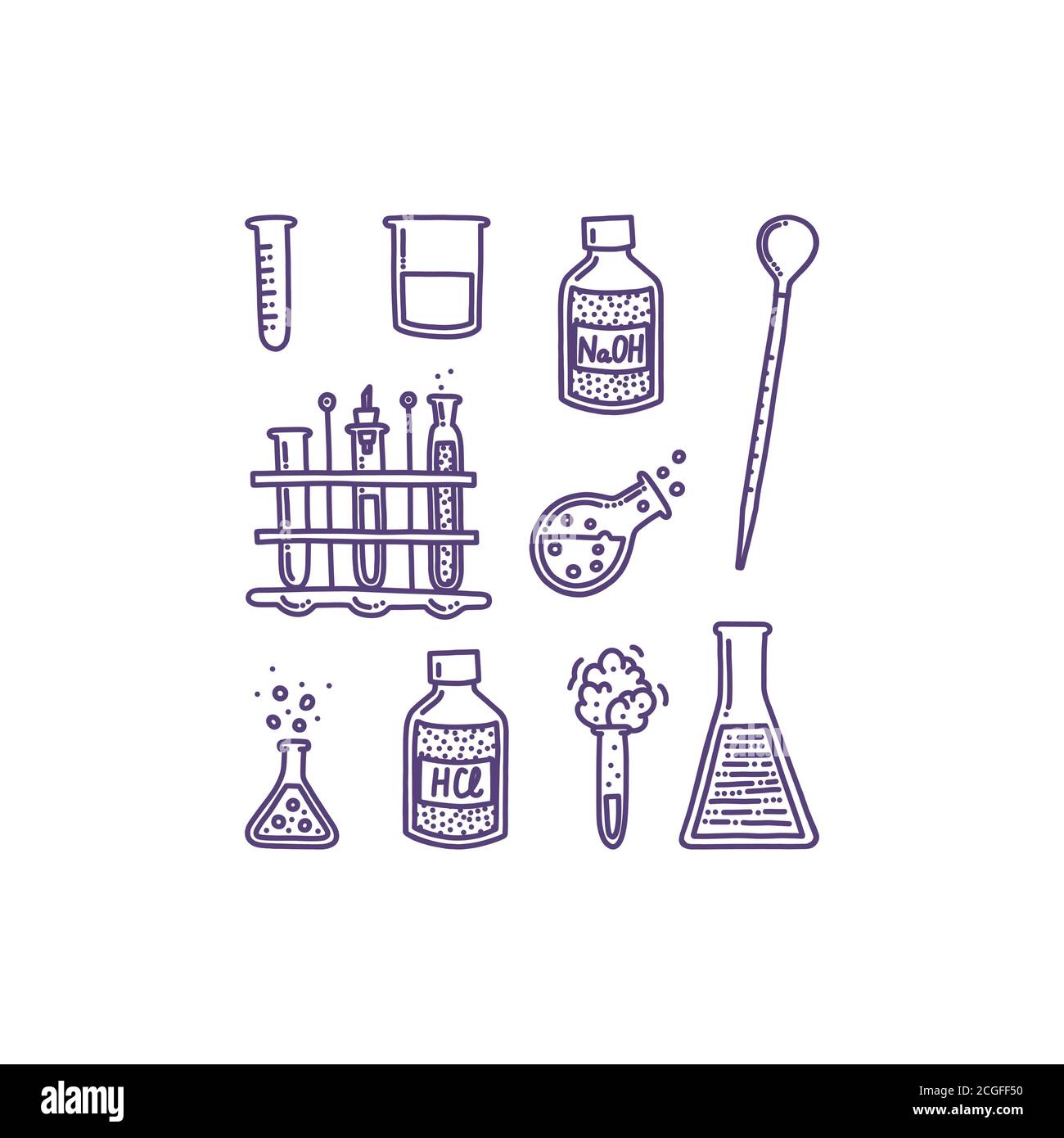 Set of hand drawn objects associated with chemistry and experiments
