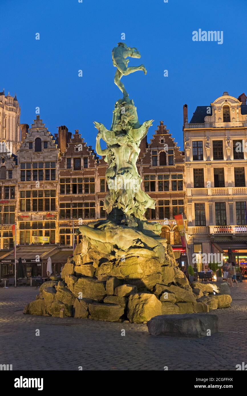 Brabo Fountain and guildhouses Grote Markt Antwerp Belgium Stock Photo