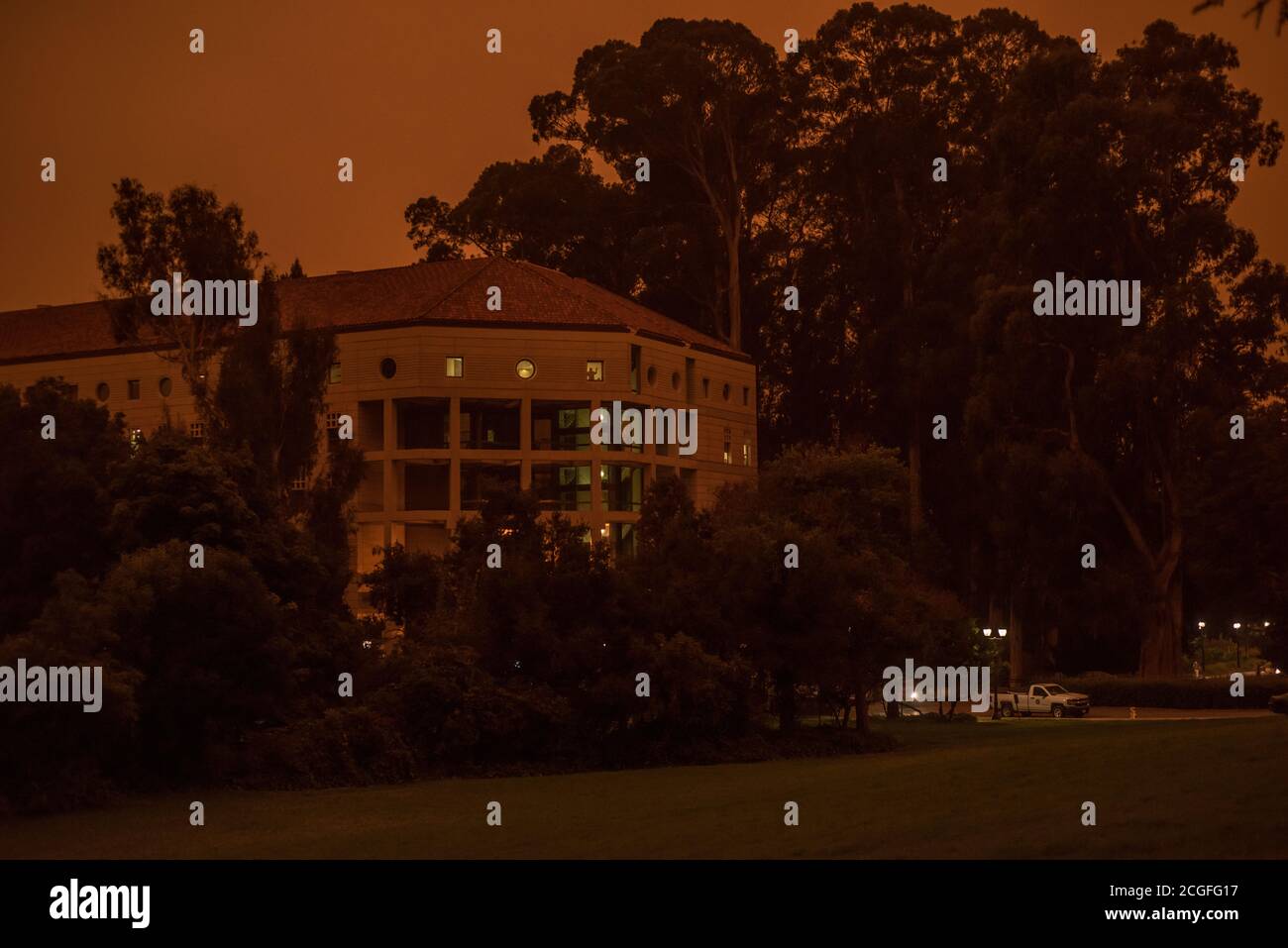 The Berkeley campus, specifically the life sciences addition during the smog caused by wild fires burning in California. Stock Photo