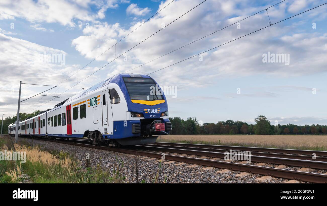 Germany , Lübben , 11.09.2020 , A modern passenger train of the ODEG Stock Photo