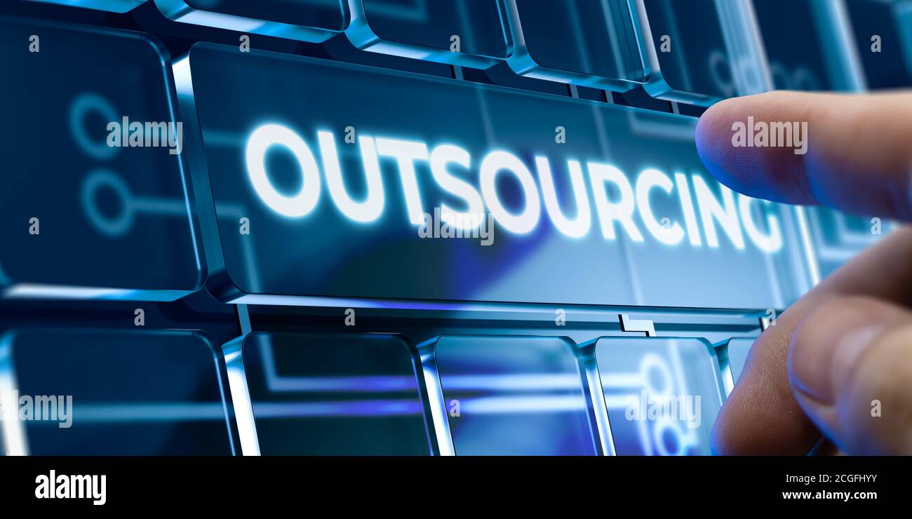 Man Using a Outsourcing System by Pressing a Button on Futuristic Interface. Business Concept Stock Photo