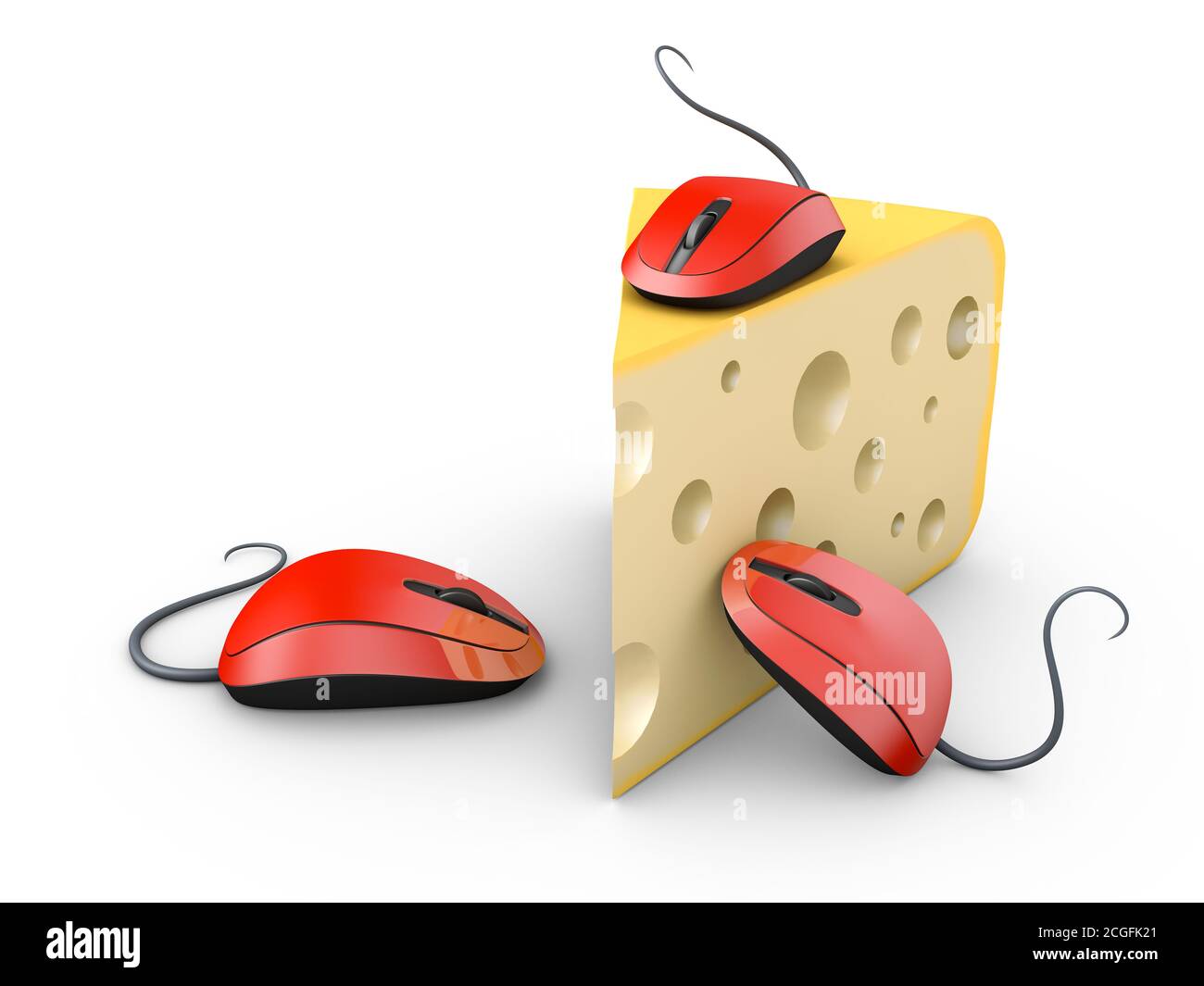 Three red computer mice and a piece of cheese. 3d render. Stock Photo