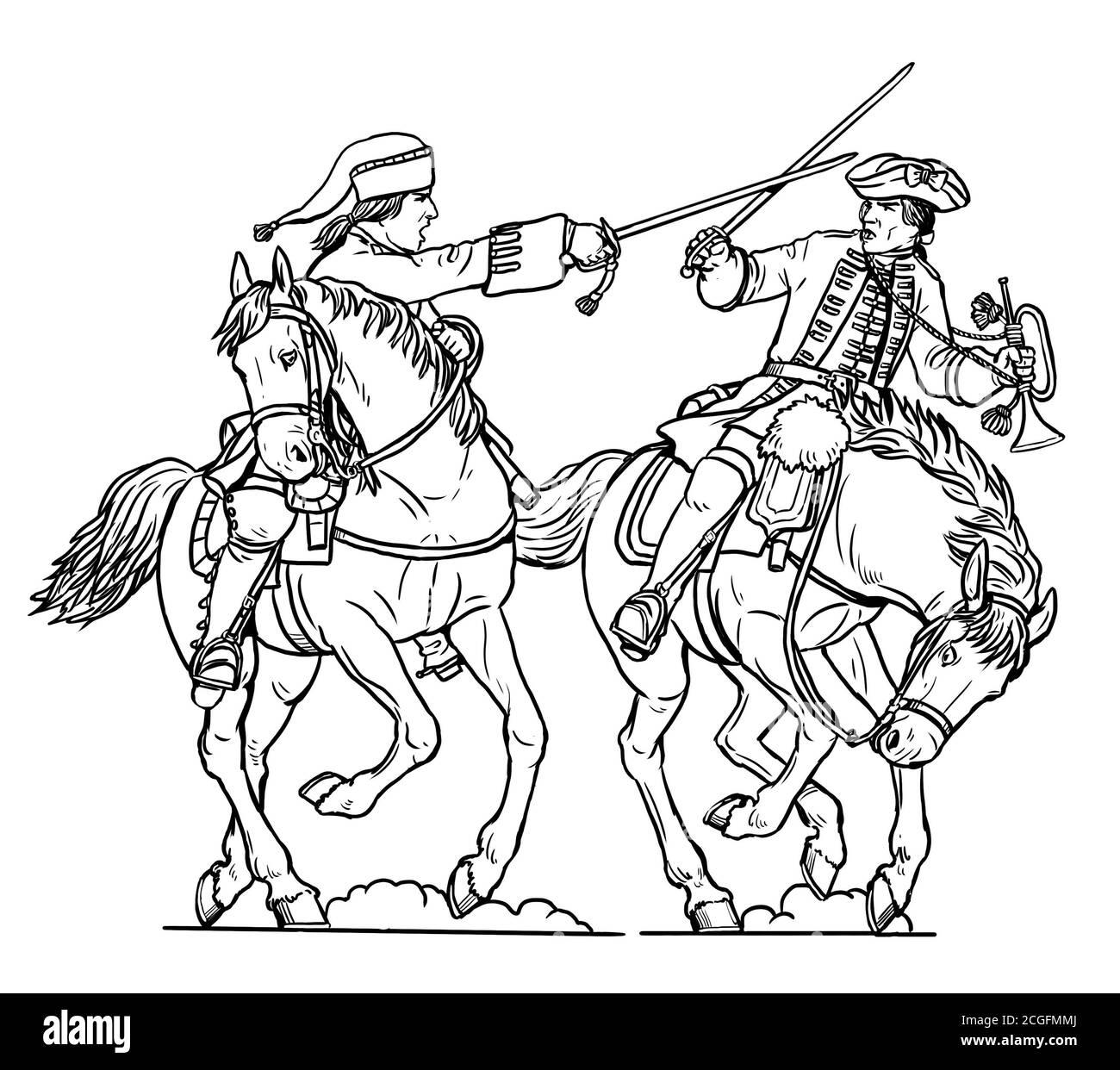 Duel of the cavalrymen. French dragoon against the english dragoon. Seven Years' War historical drawing. Stock Photo