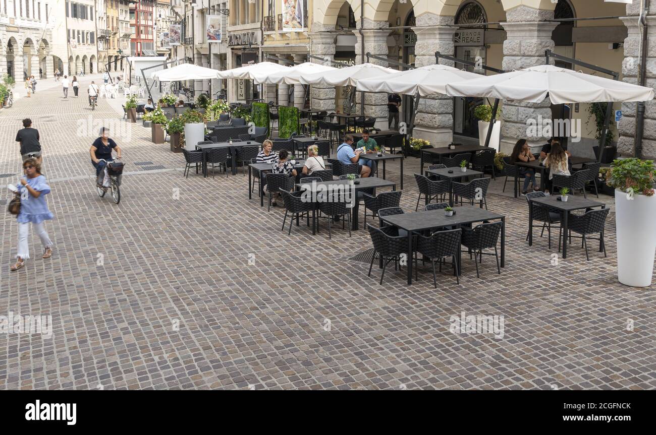 Udine, Italy. Setpember 10, 2020.  Panoramic view of the bars along Mercatovecchio street in Udine Stock Photo