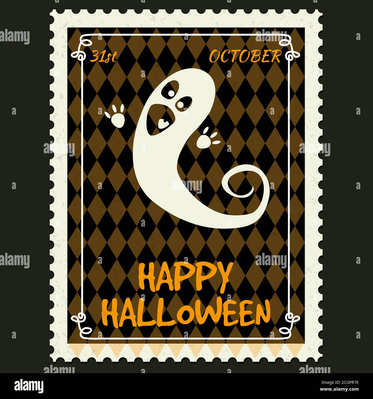 Happy Halloween Postage Stamps with ghost, halloween cartoon character symbol. Vector isolated retro vintage Stock Vector