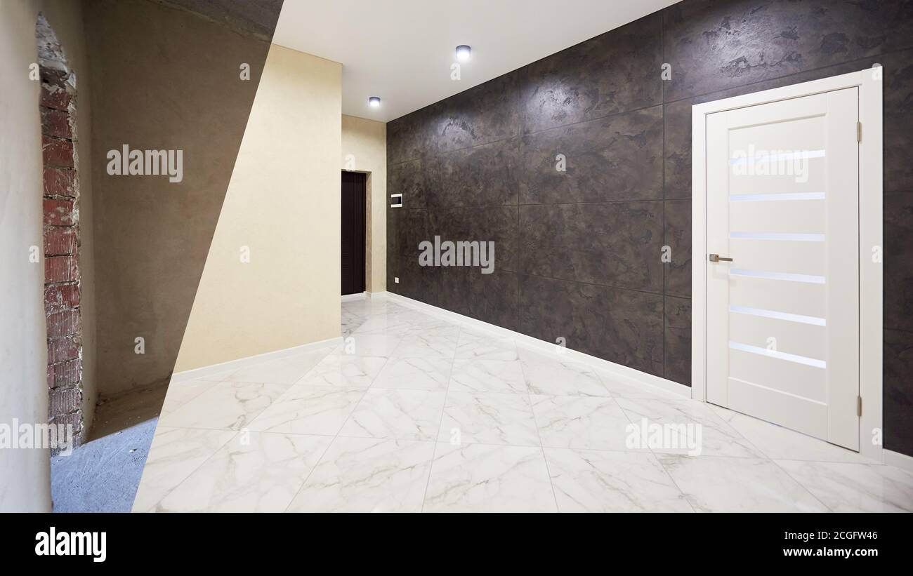 Horizontal snapshot of a room in a big apartment, before and after versions, modernized corridor with a closed white door on contrasted black wall Stock Photo