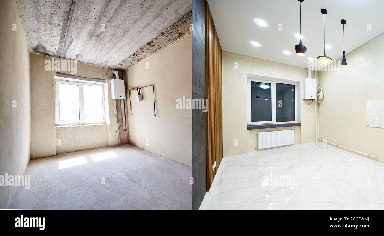 Comparison snapshot of a big beautiful room in a private house before and after reconstruction, empty grey walls vs renovated light tiled room Stock Photo