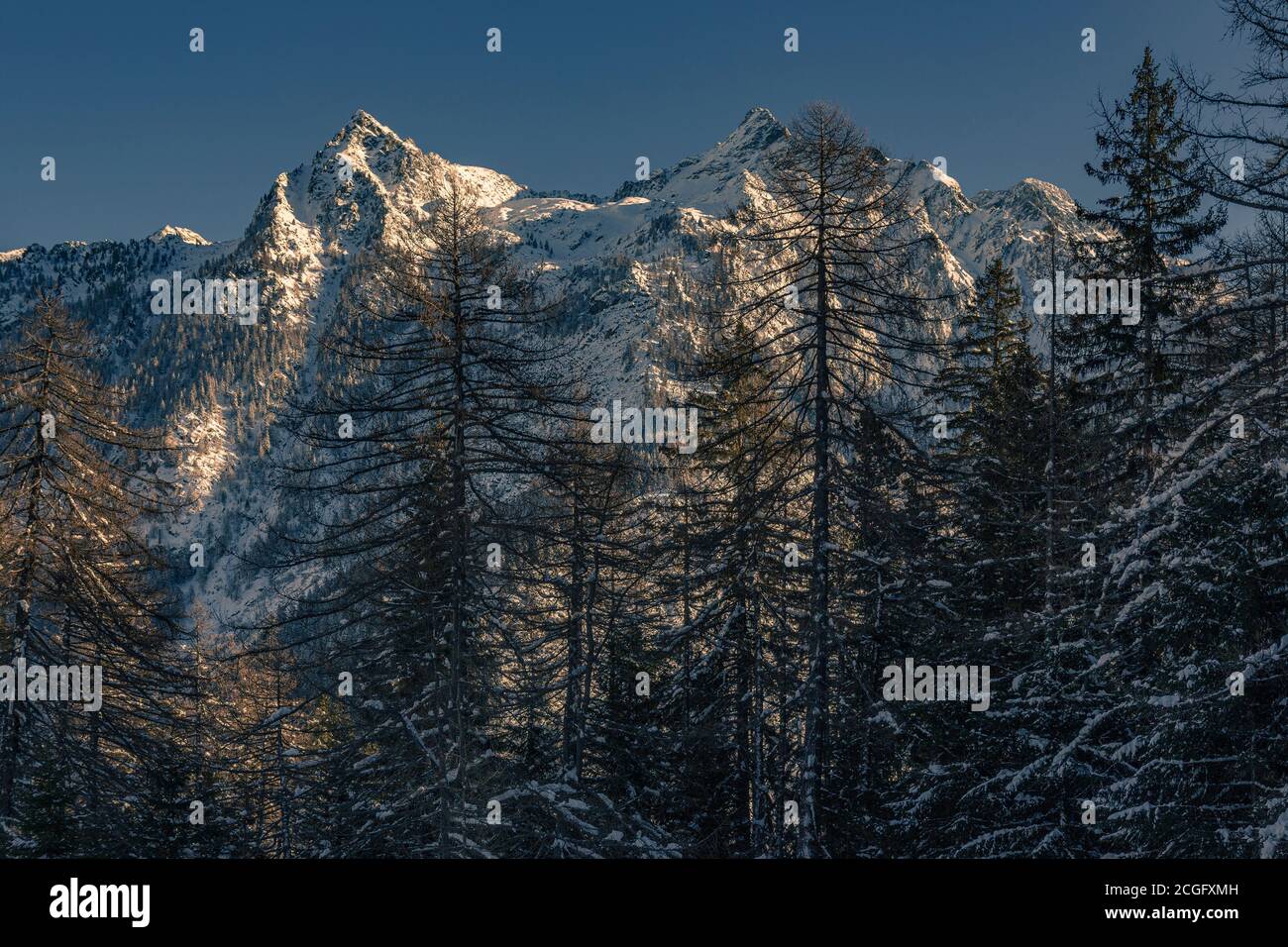 picks snowcapped in Monte Rosa range. Gressoney saint jean village. Aosta valley, Italy, Europe Stock Photo