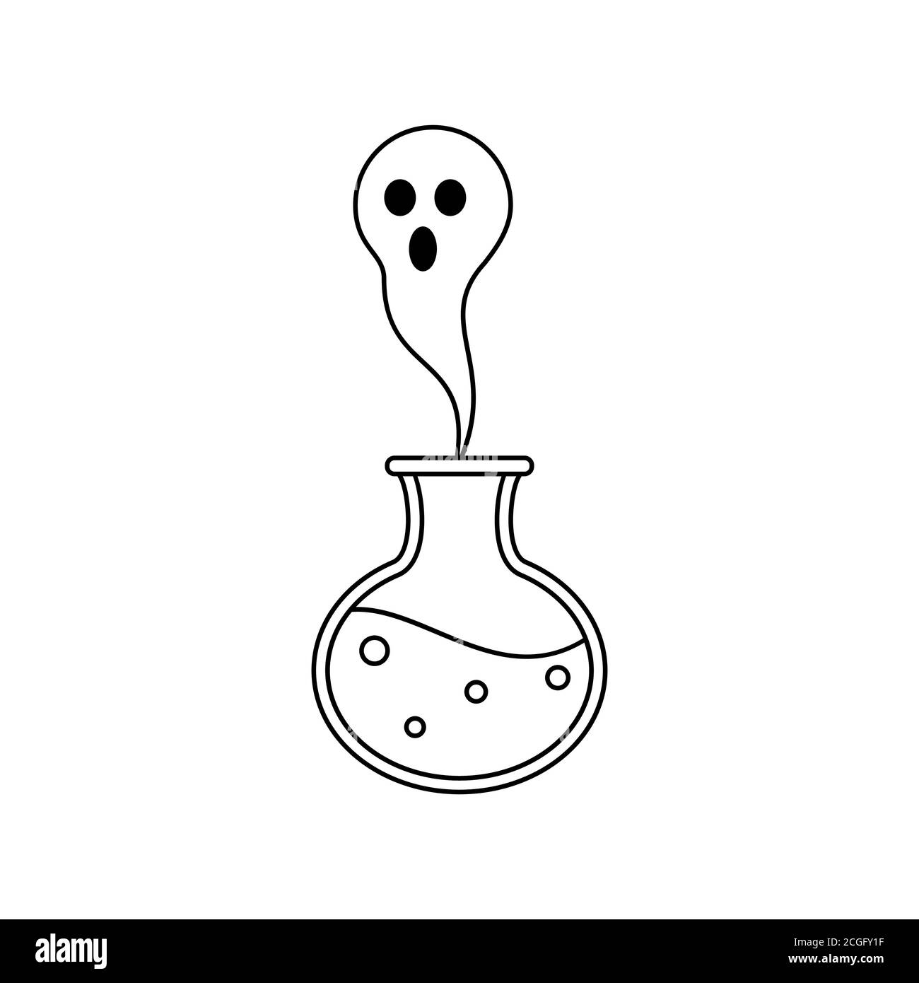 Ghost in the bottle. Ghost flies out from a glass flask. Happy Halloween. Magic potion with ghost comes out of an open jar. Black outline on white Stock Vector