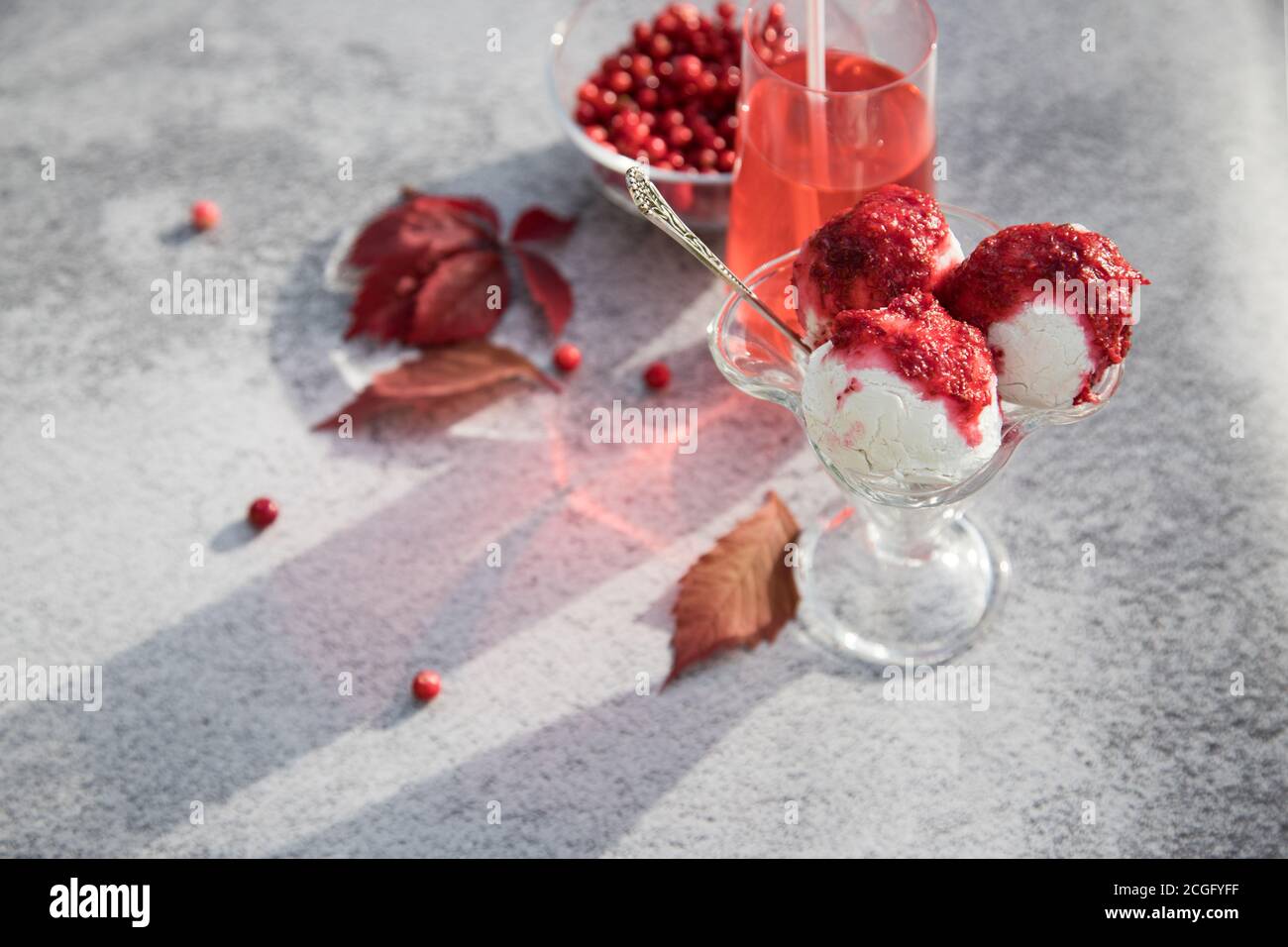 Vegan ice cream with jam, vitamin drink made from fresh cranberries and berries in a glass plate on a light background. A place for the space mine.Hor Stock Photo