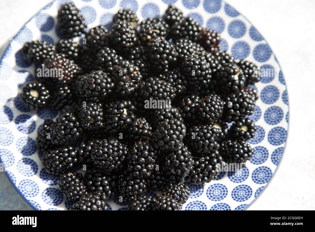 Blackberries on a light plate. Fruit background.Horizontal orientation.Flat lay Stock Photo