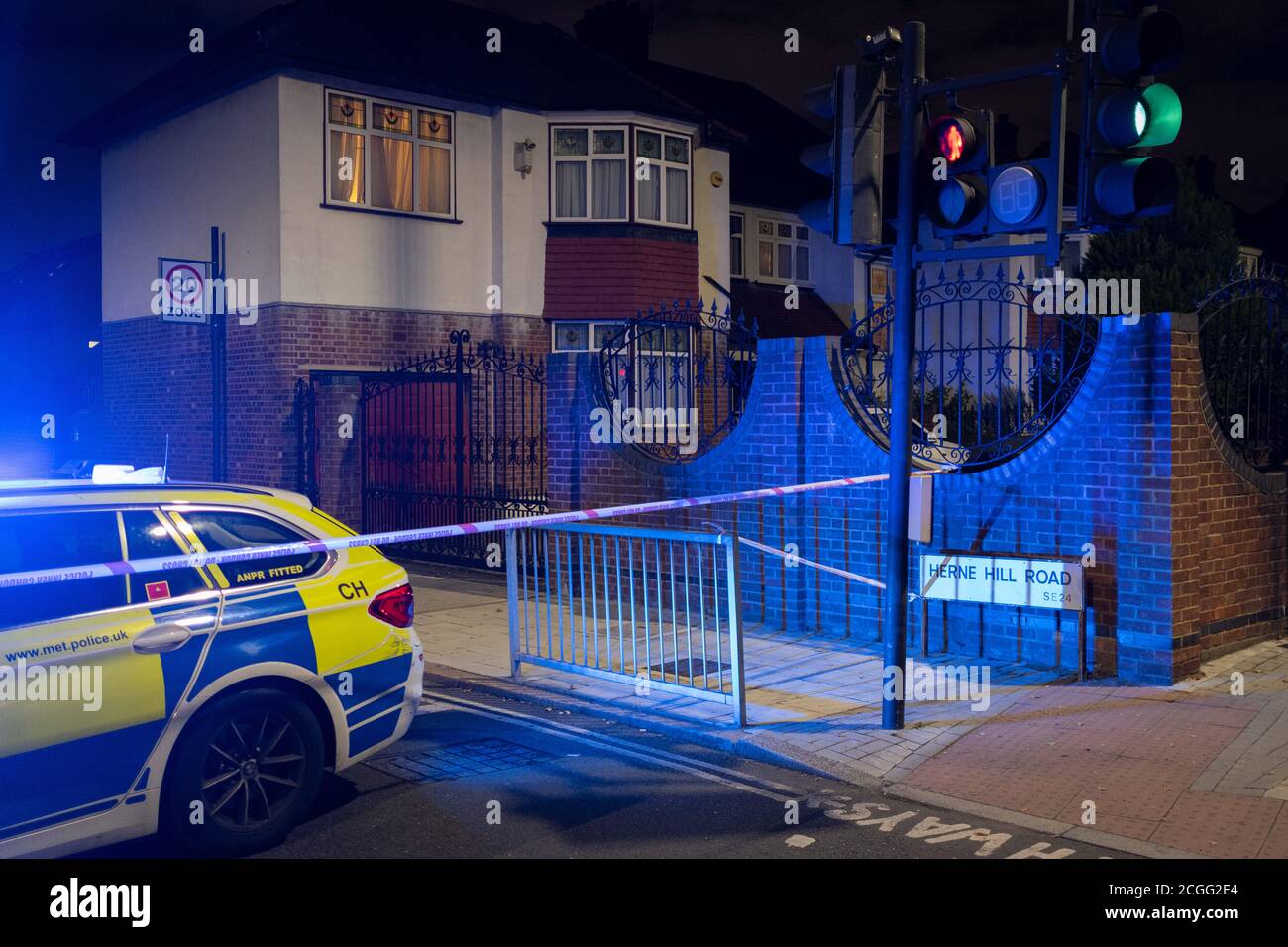 A Met Police car blocks  local roads surrounding Herne Hill and Carnegie Library, after shots were fired in a residential south London street, on 10th September 2020, in London, England. Stock Photo