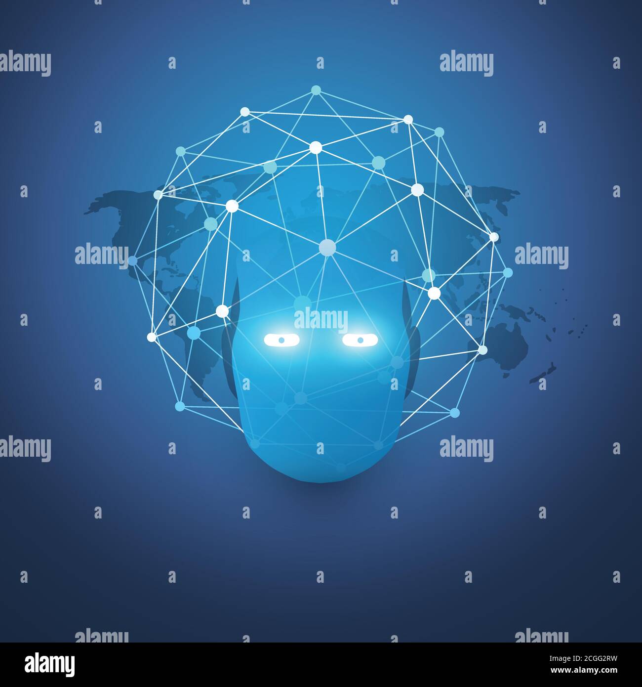Abstract Modern Style Blue Machine Learning, Artificial Intelligence and Neural Networks Design Concept with World Map, Global 3D Network Mesh and Rob Stock Vector