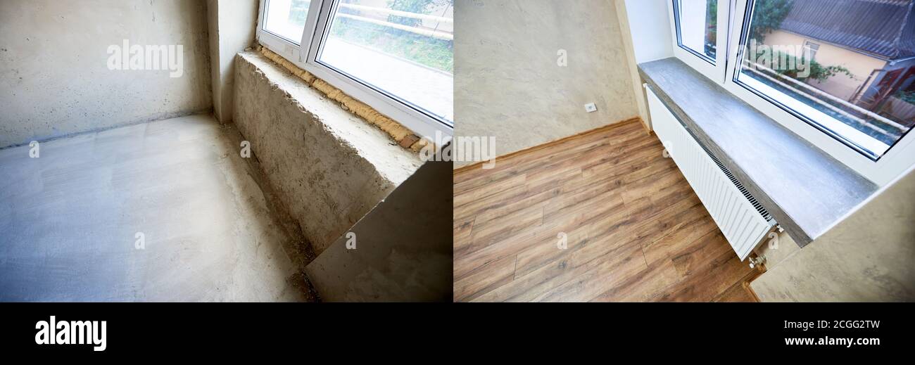 Room in apartment before and after renovation works, old and new window sill, wood textured laminate, renovation concept Stock Photo